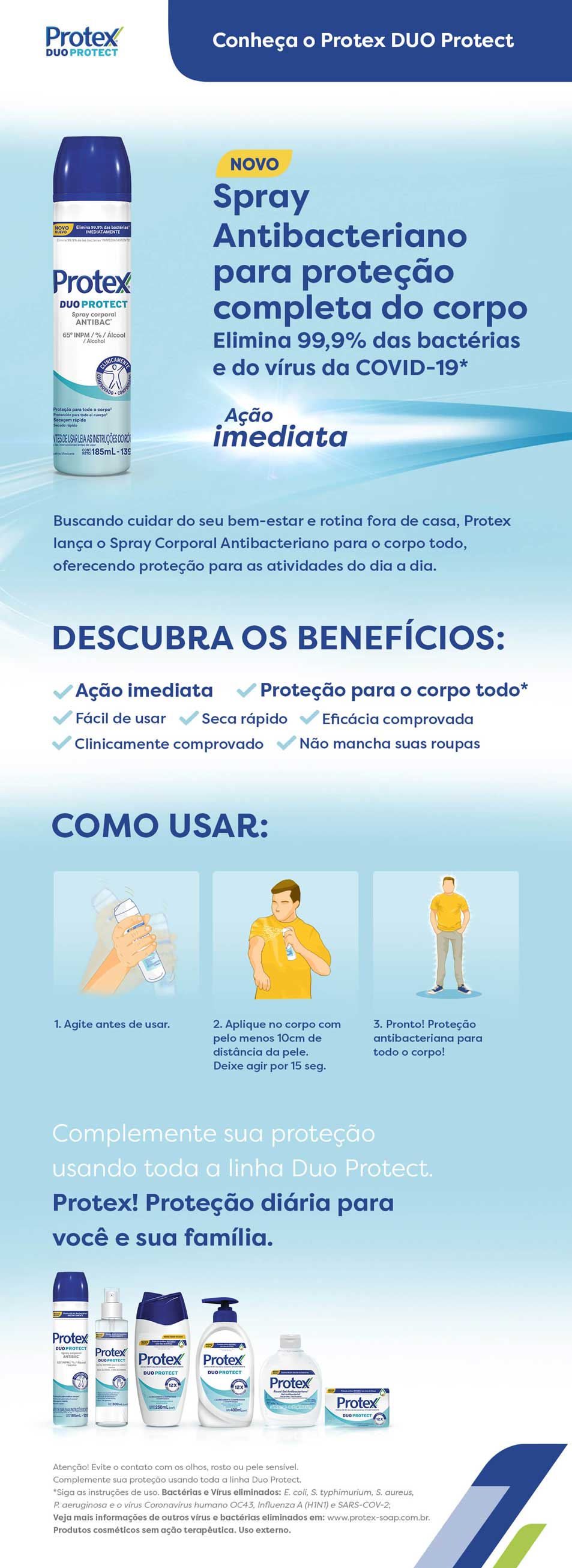 Descubra o novo Spray Antibacteriano para proteção completa do corpo Protex Duo Protect