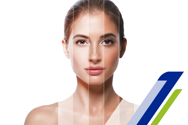 uma mulher com o rosto dividido em cinco representando vários tons de pele 